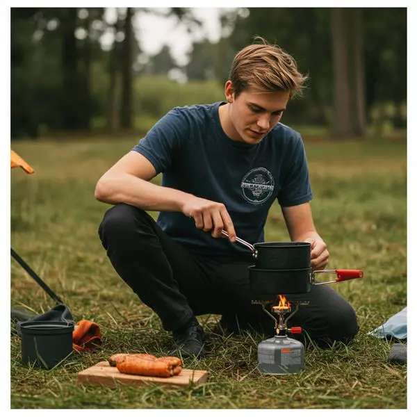 Man making food on portable stove