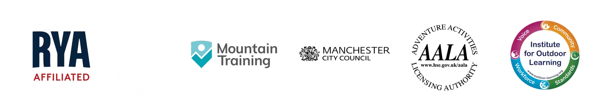RYA, DofE, Mountain training, Manchester City Council, AALA, Institute for outdoor learning Logos