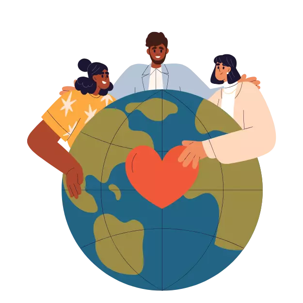 Illustration of three people hugging a globe with a red heart.