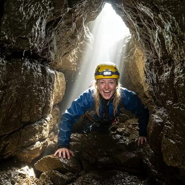 Woman in a cave with a hard hat on