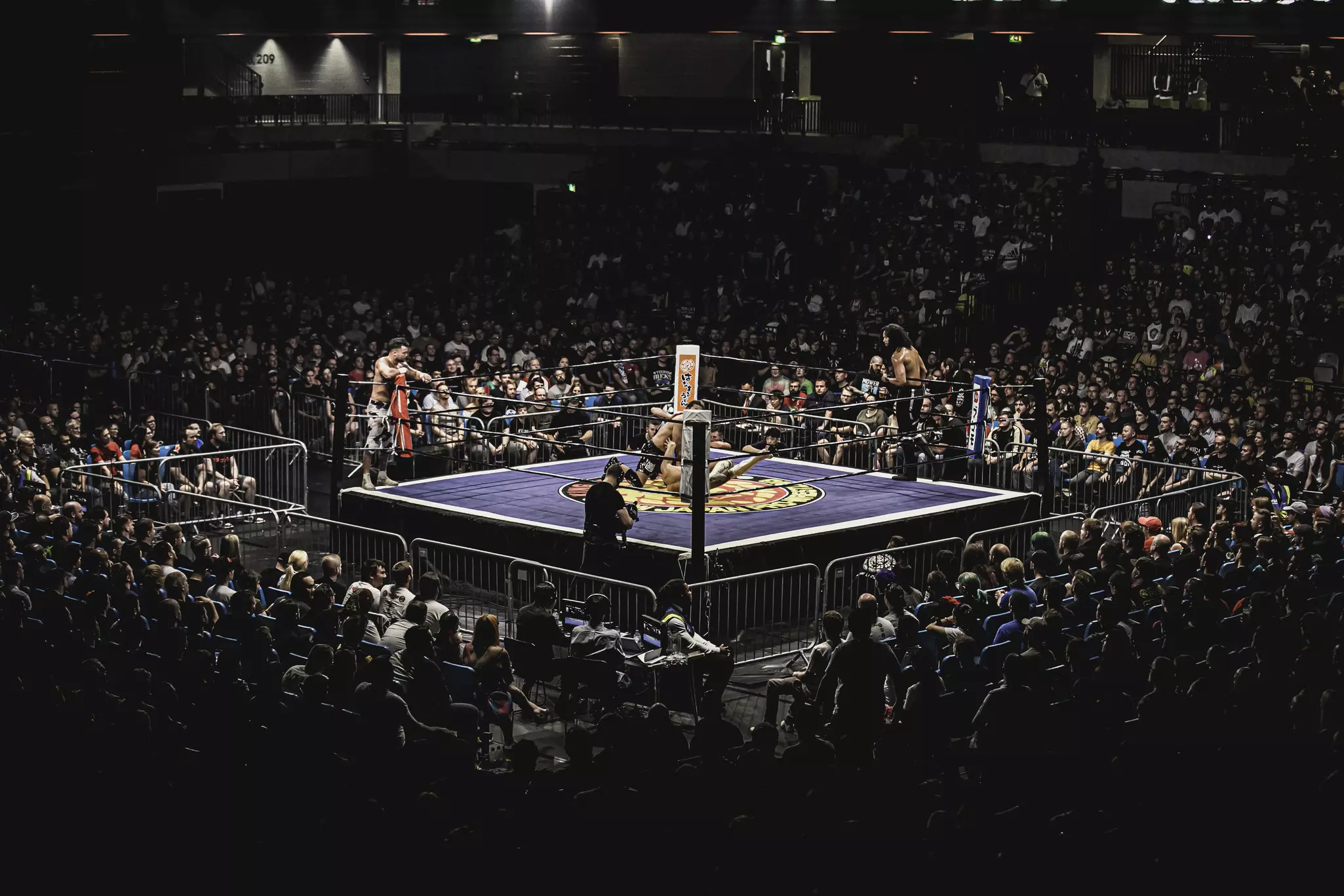 Wrestling match in progress in a packed indoor arena, surrounded by cheering spectators.