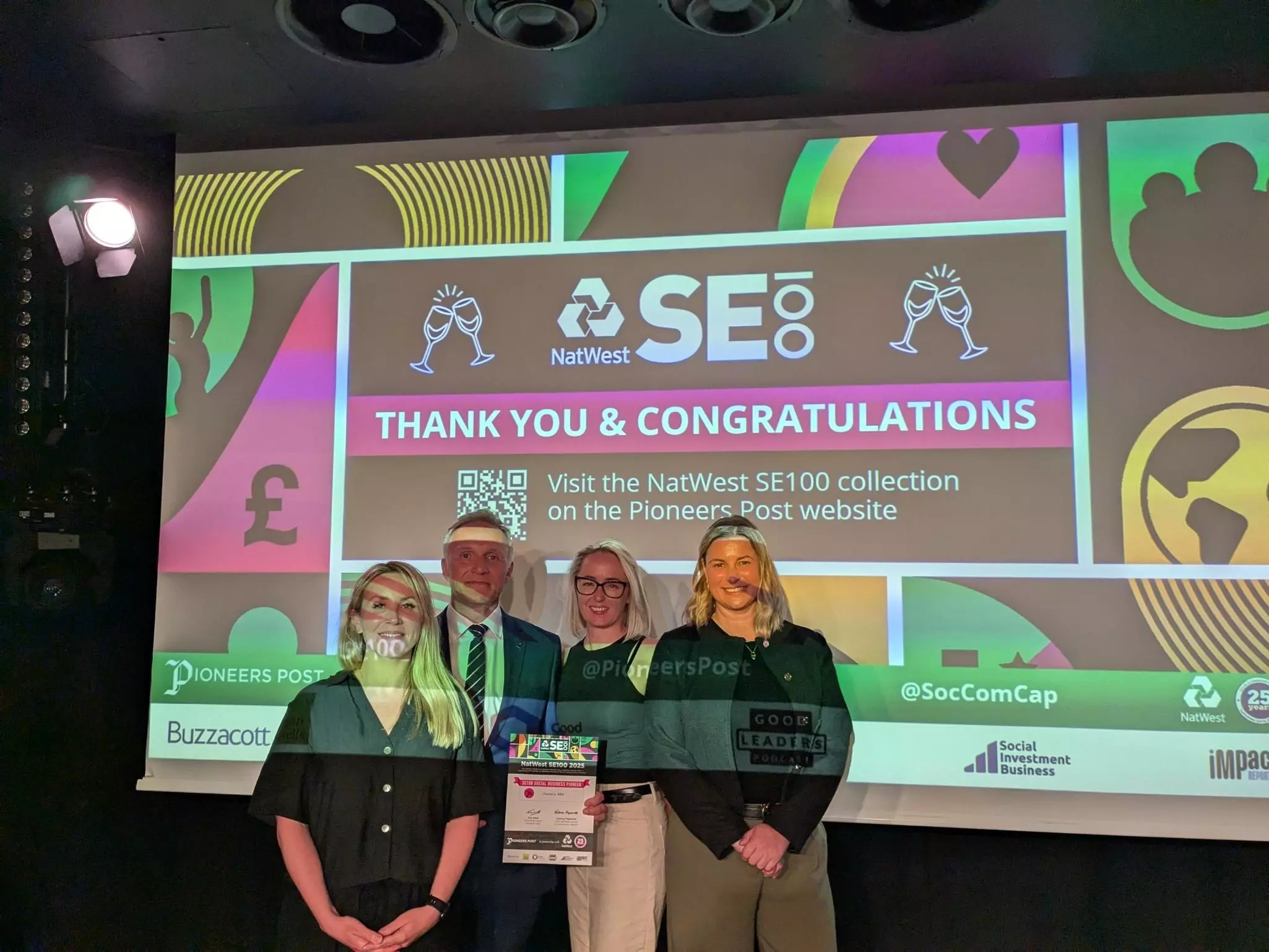 Team celebrates recognition at the NatWest SE100 social enterprise awards.