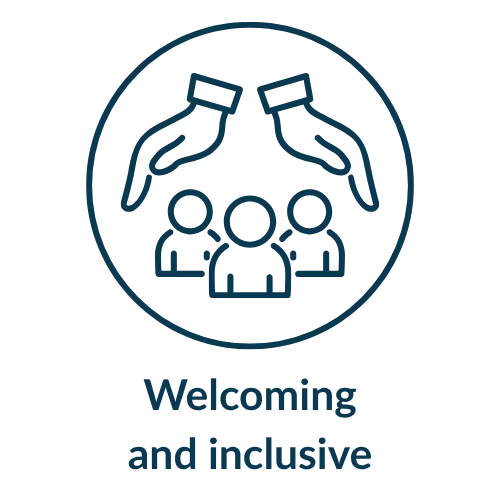 Hands over group of people outline with white text: Welcoming and inclusive