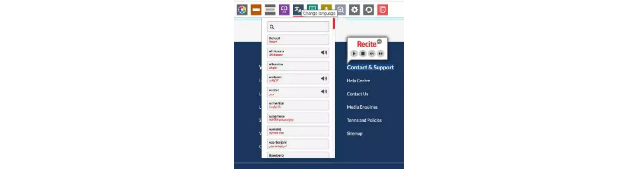 Language selector open with Recite widget.