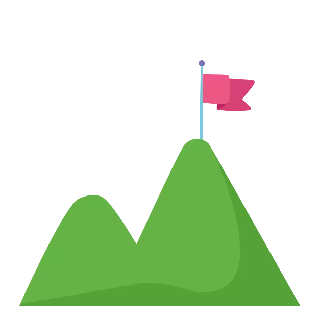 Illustration of a green mountain with a pink flag on top.