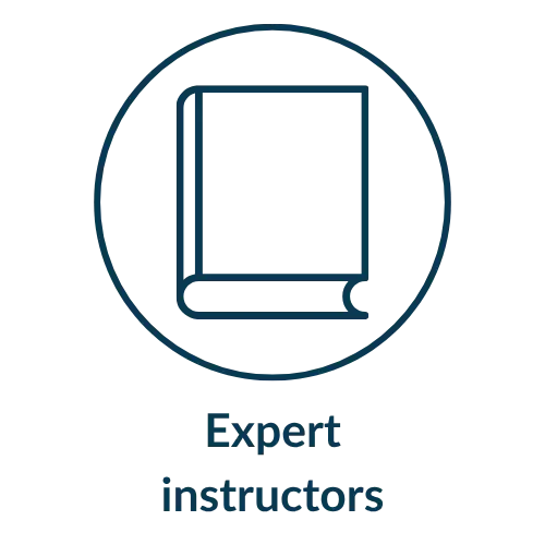 Book outline with white text: Expert instructors