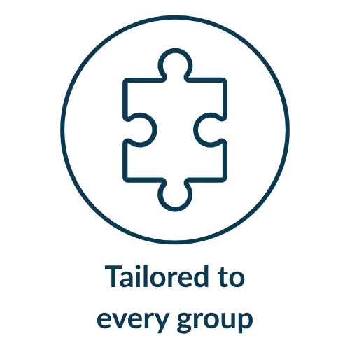 Puzzle outline with white text: Tailored to every group