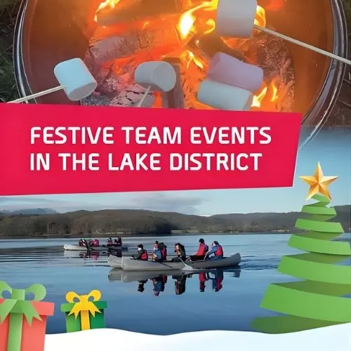 Promotional graphic for festive team events featuring a campfire and canoeing scene.