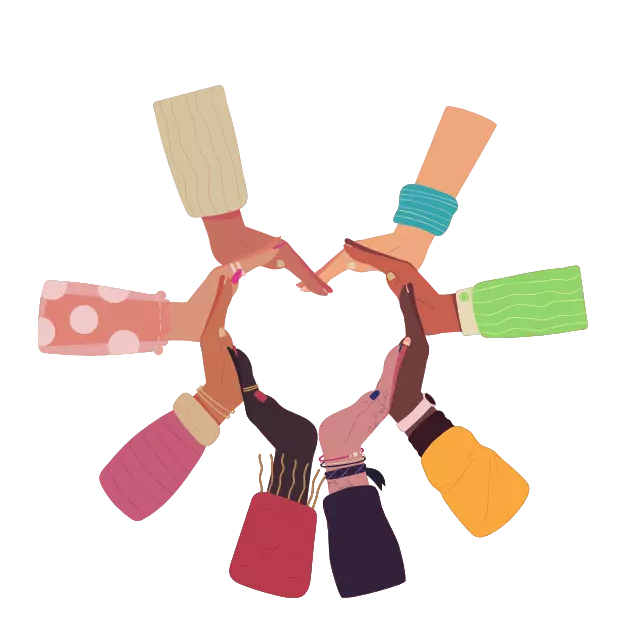 Illustration of diverse hands forming a heart shape.
