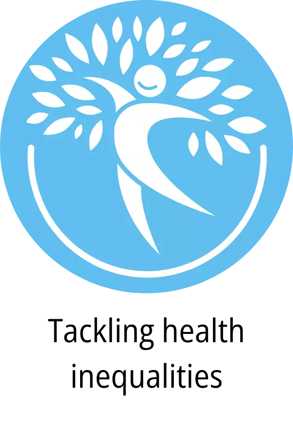 Person under tree icon with text: Tackling health inequalities.