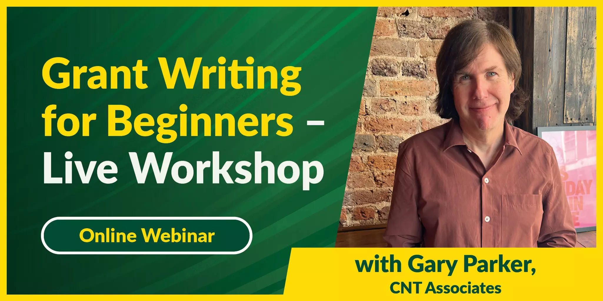 Promotional banner: grant writing for begineers live workshop — Online Webinar.