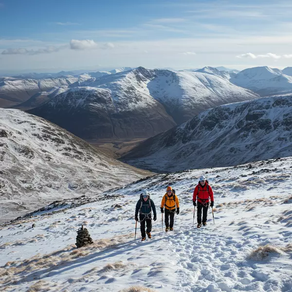 Group walking on a snowy hill