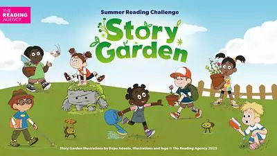 Children enjoy books and nature in a playful garden for the Summer Reading Challenge.