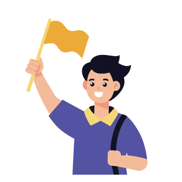 Illustration of a smiling person holding a yellow flag.