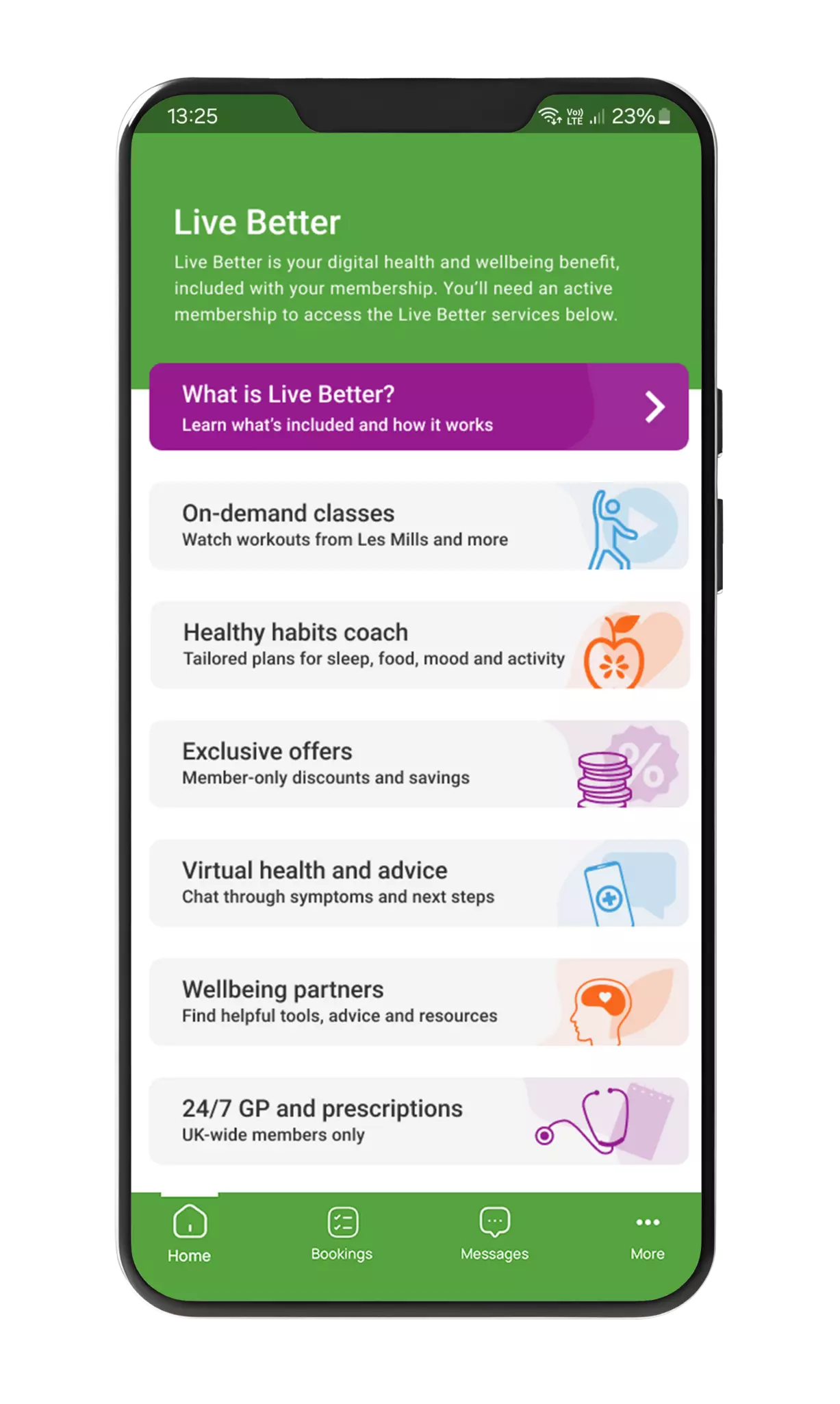 Phone screen showing Live Better features