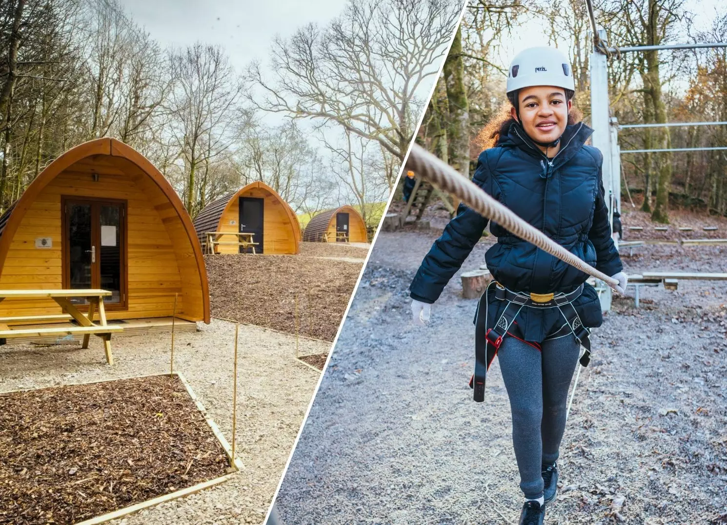 Wooden camping pods and a smiling girl wearing a helmet on a ropes course.