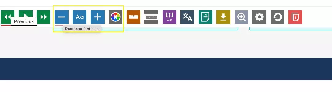 Accessibility toolbar (decrease font highlighted).